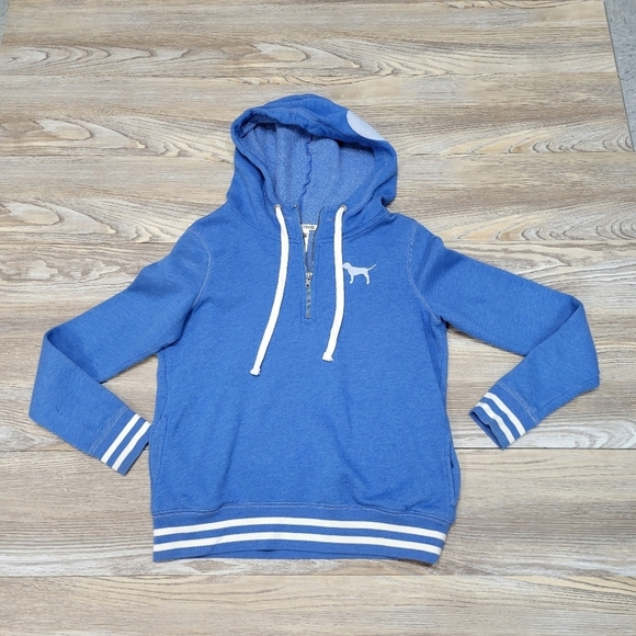 PINK Victoria's Secret 1/4 zip hooded sweatshirt Women's Size Small blue - Picture 9 of 9